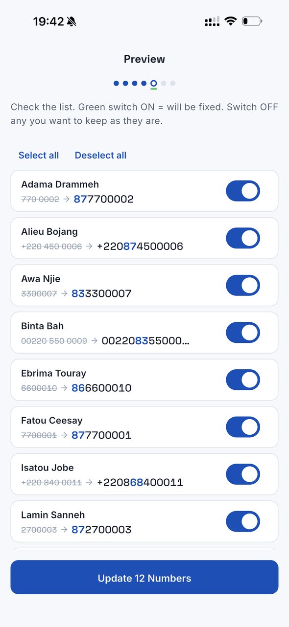 The Gambia9 preview screen on a phone, listing each change before anything is saved. Every row shows the contact name, the old number crossed out, an arrow, and the new number with the two inserted digits picked out in blue &mdash; for example "770 0002" becomes "87 7700002". Each row has its own switch, all switched on here, with "Select all" and "Deselect all" above and a "Update 12 Numbers" button at the bottom. The contacts shown are demonstration data.